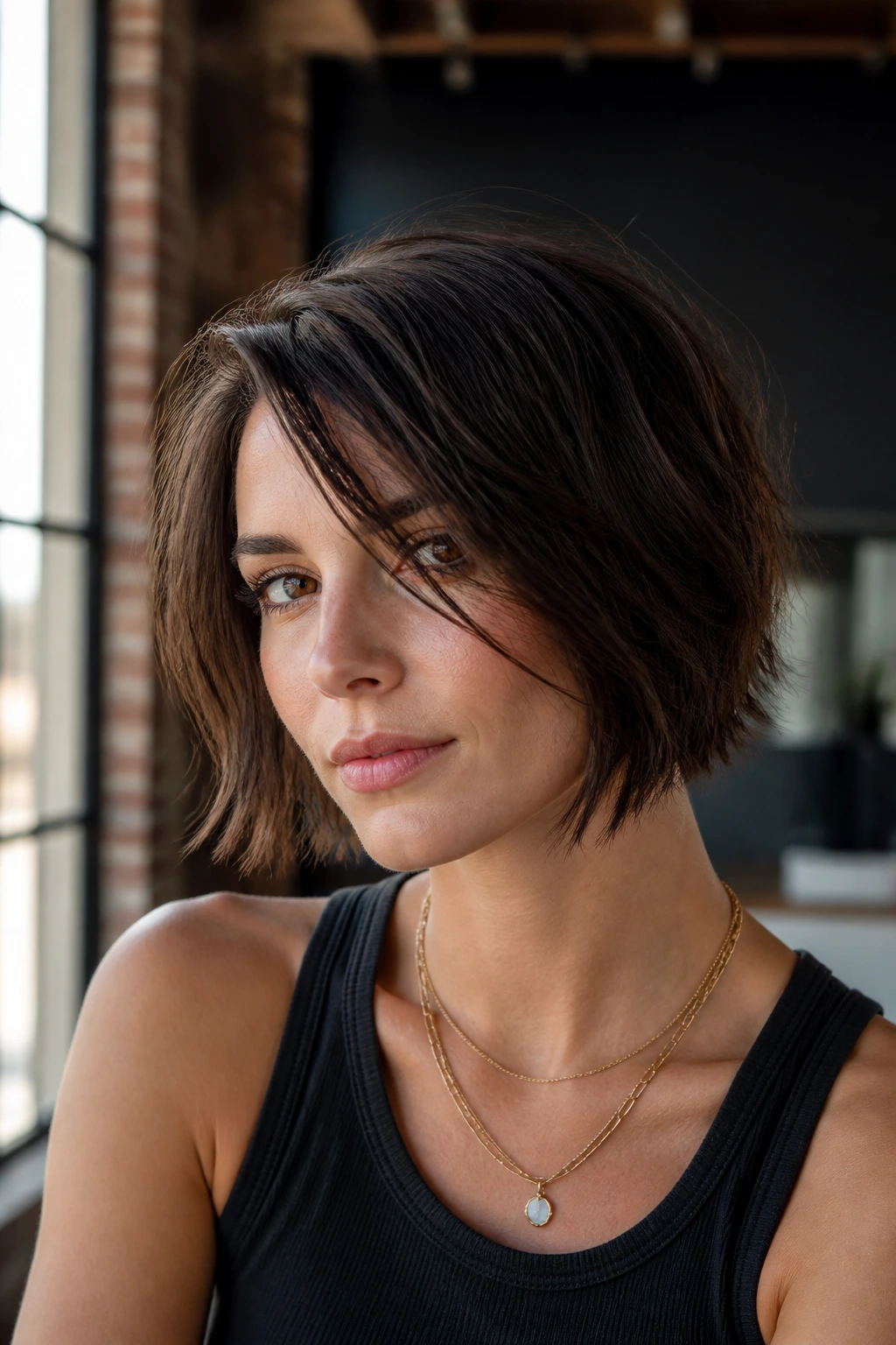 Woman with chin-length razor shag in urban loft lighting