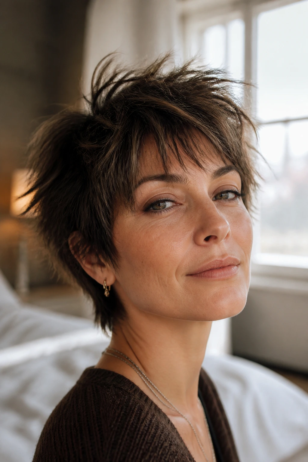Close-up portrait of a real woman with a razor-shag crop featuring feathered ends and movement