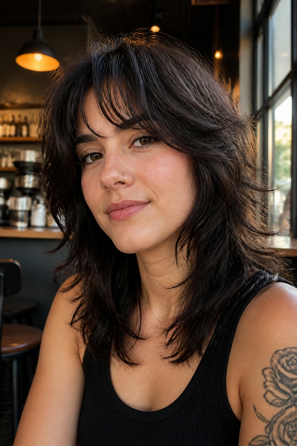 Real woman with razor shag haircut showing feathered ends and texture.