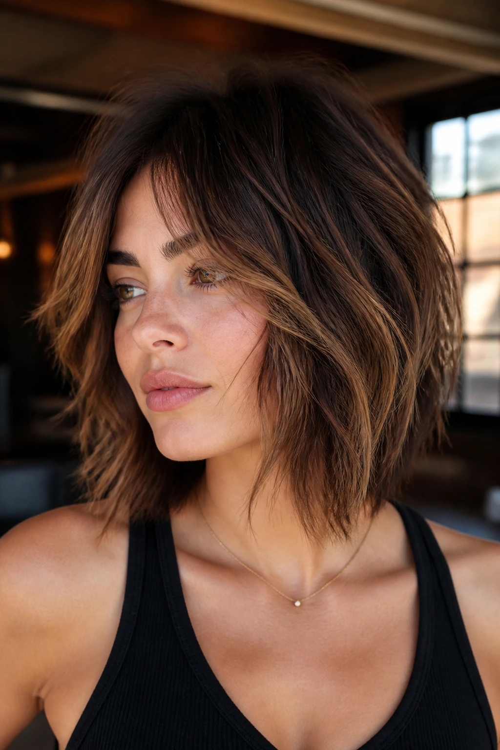 Real woman with razor shag lob showing feathered ends and soft layers.