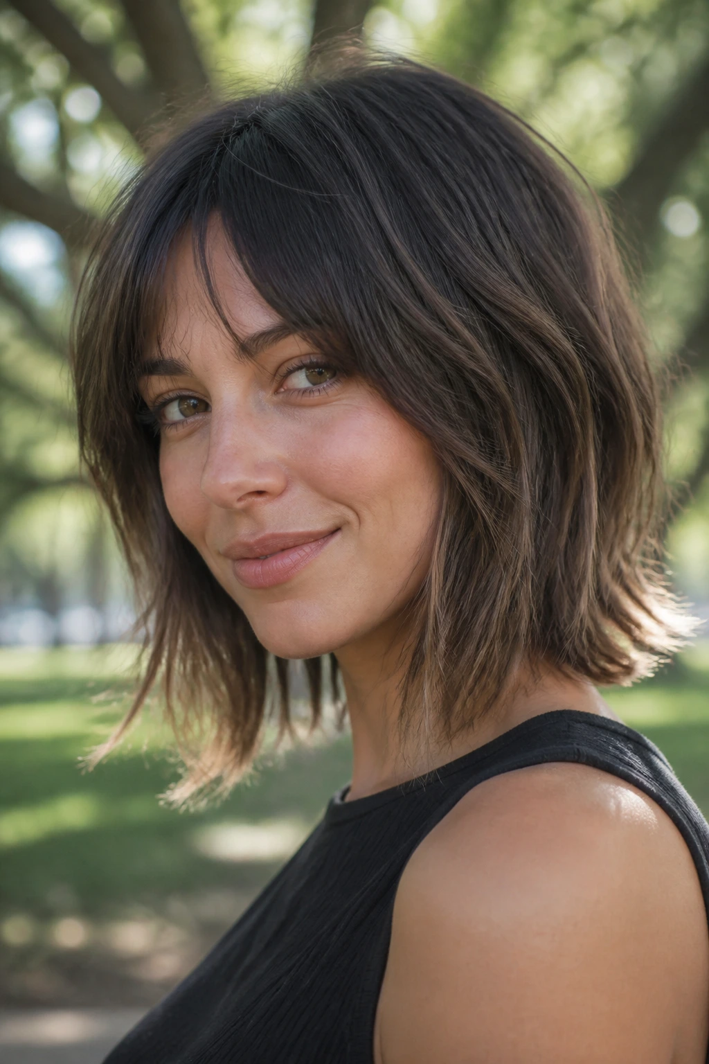 Close-up portrait of a real woman with Razor Shag Lob hairstyle