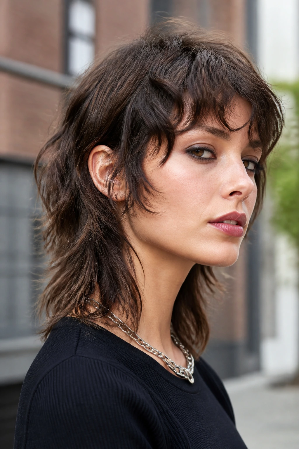 Close-up portrait of a real person with a razor shag mullet hairstyle