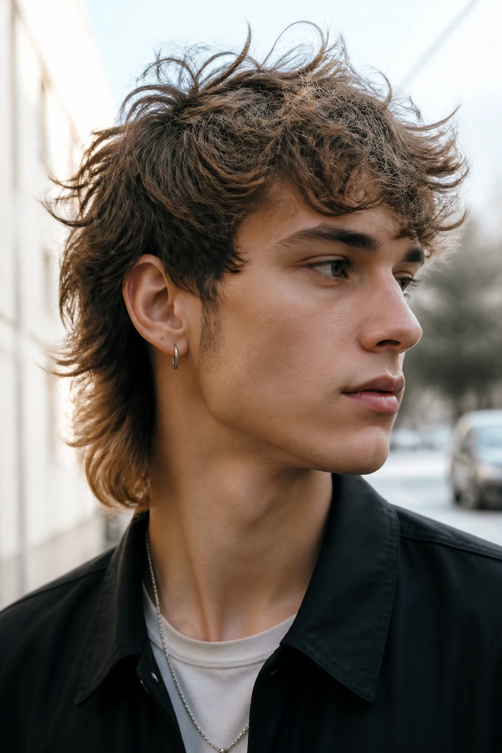 Portrait of a real person with razor-shag mullet for wavy hair