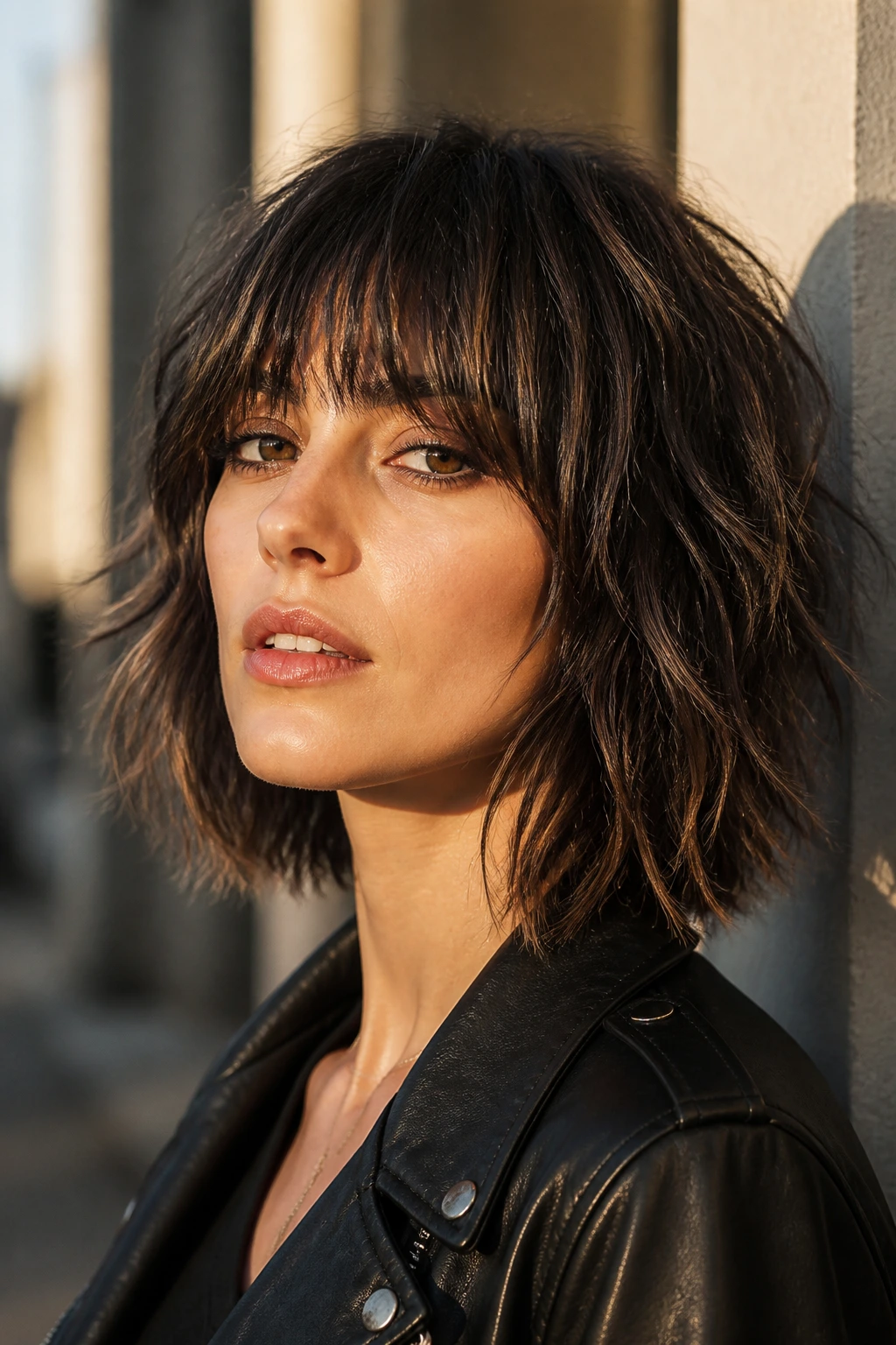 Real woman with edgy razor-shag and piecey fringe against urban background