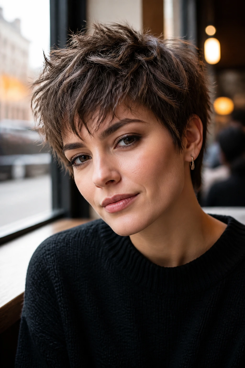 Close-up portrait of a real person with Razor-Shag Pixie in a cafe window setting