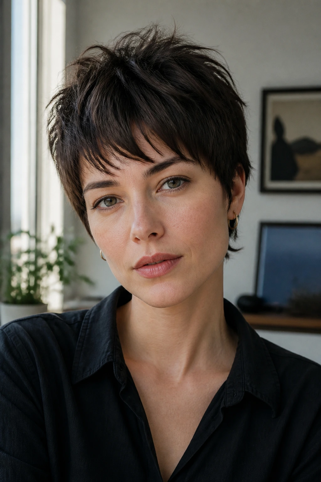 Close-up portrait of a real woman with a razor-shag pixie in a modern apartment.