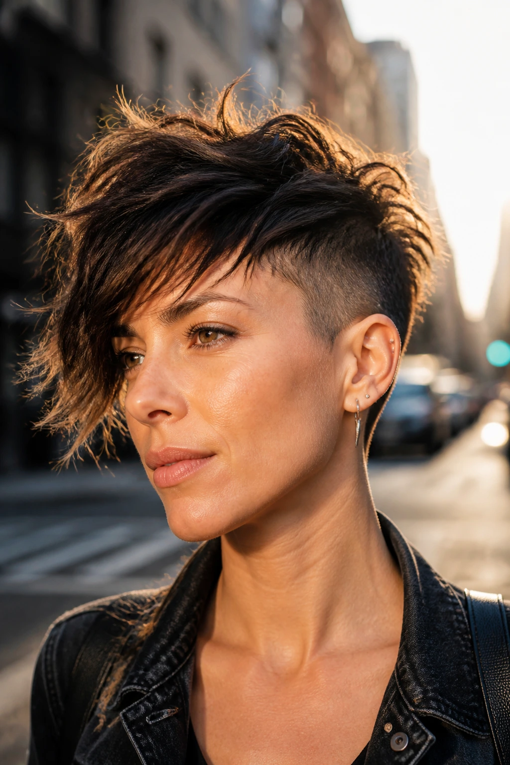 Real woman with razor shag pixie and side fade