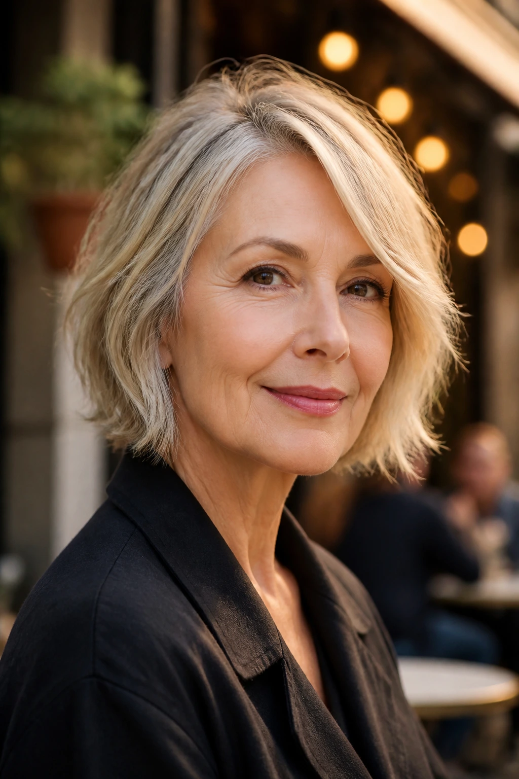 Real woman with jaw-skimming razor shag in warm cafe setting