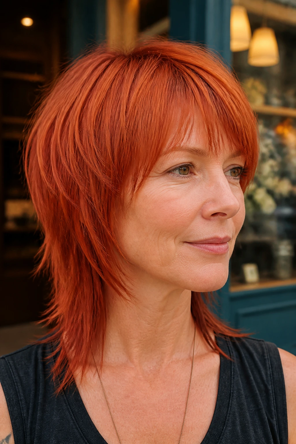 Close-up portrait of a real woman with sleek razor-textured red hair styled as a razor shag