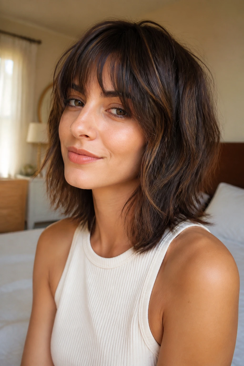 Close-up portrait of a real woman with shoulder-length razor shag, warm window light in a cozy bedroom.