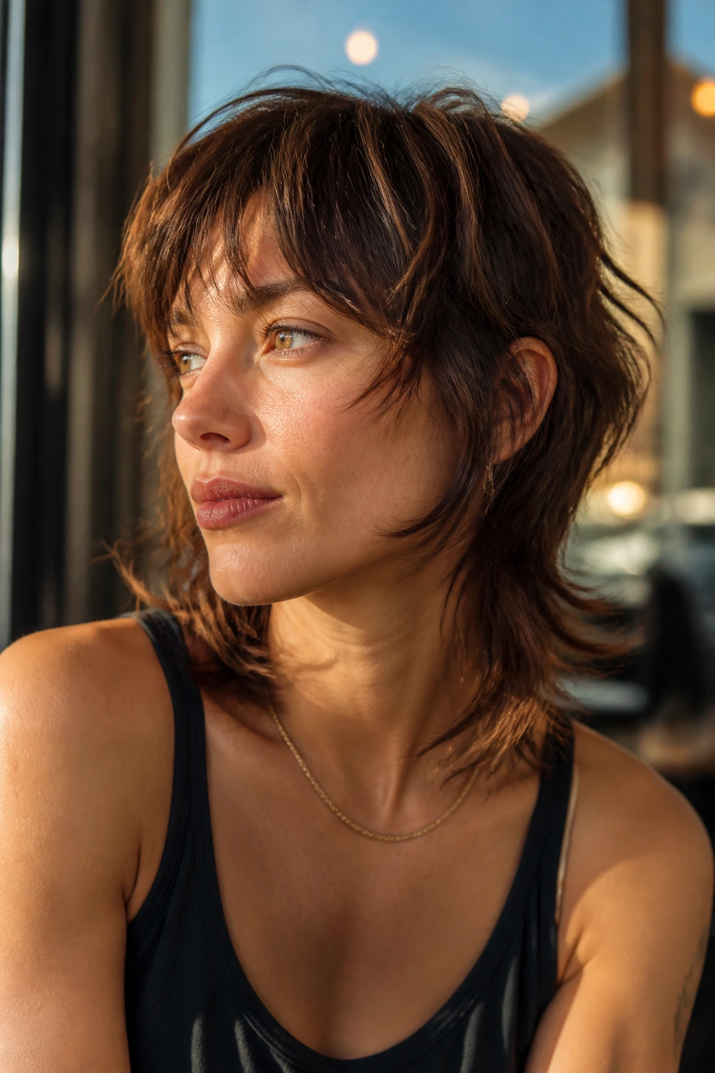 Portrait of a woman with a razor-cut shag showing textured, broken ends