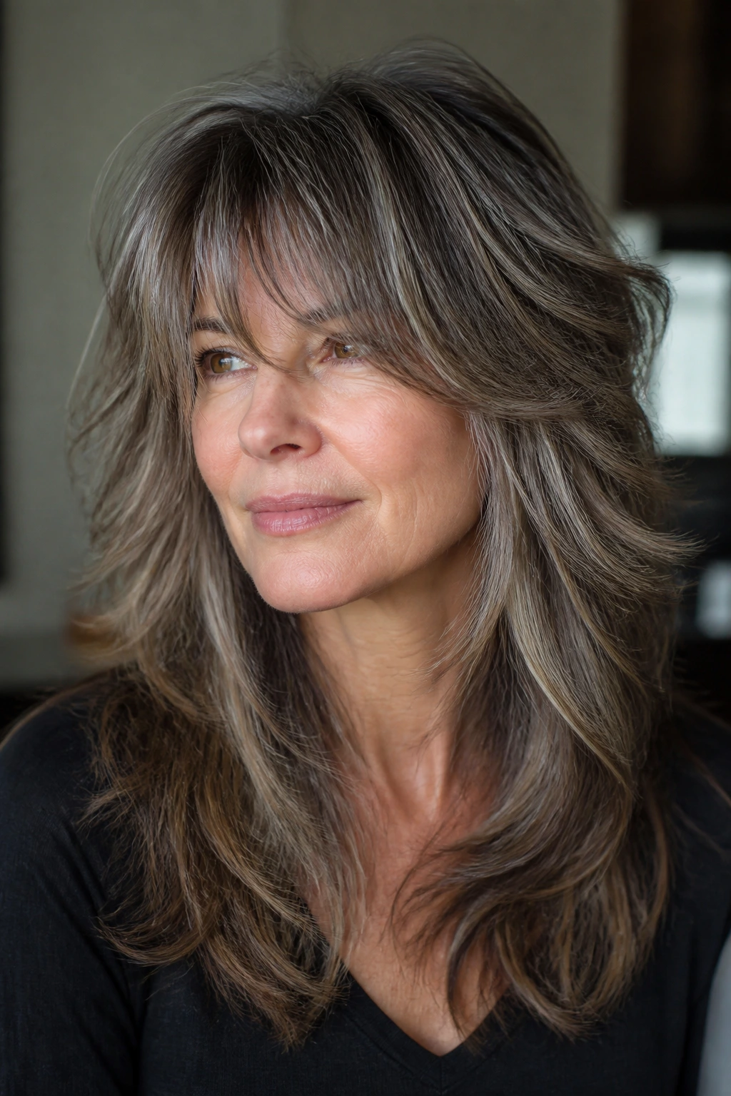 Real woman with thick hair razor shag showing movement and definition.