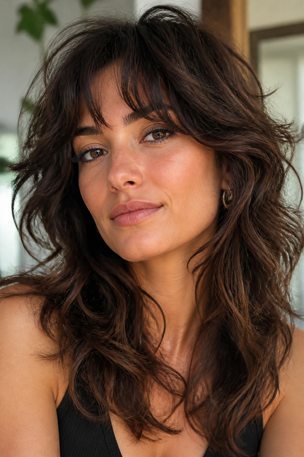 Real woman with thick waves in a soft razor shag