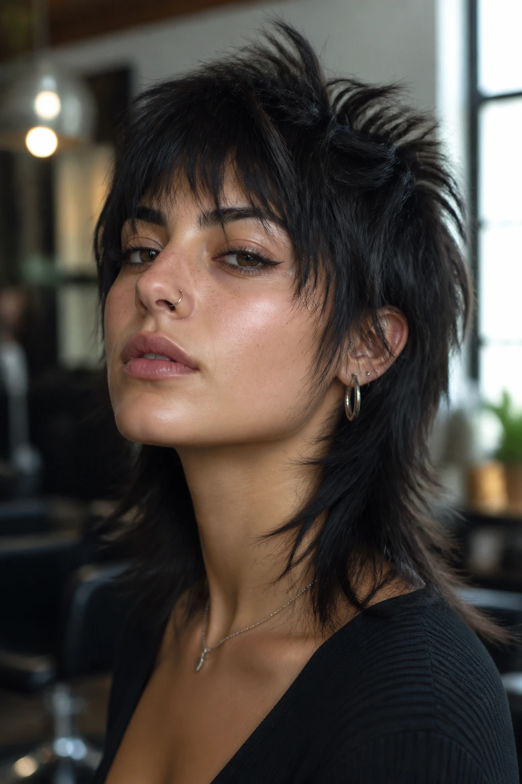Portrait of a real person with razor-shag wolf cut showing heavy texture and sliced ends.