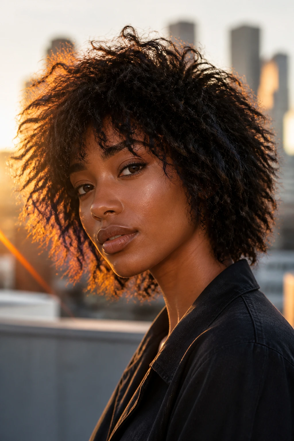 Close-up of real Black woman with razor shaped dense hair shag on rooftop at golden hour