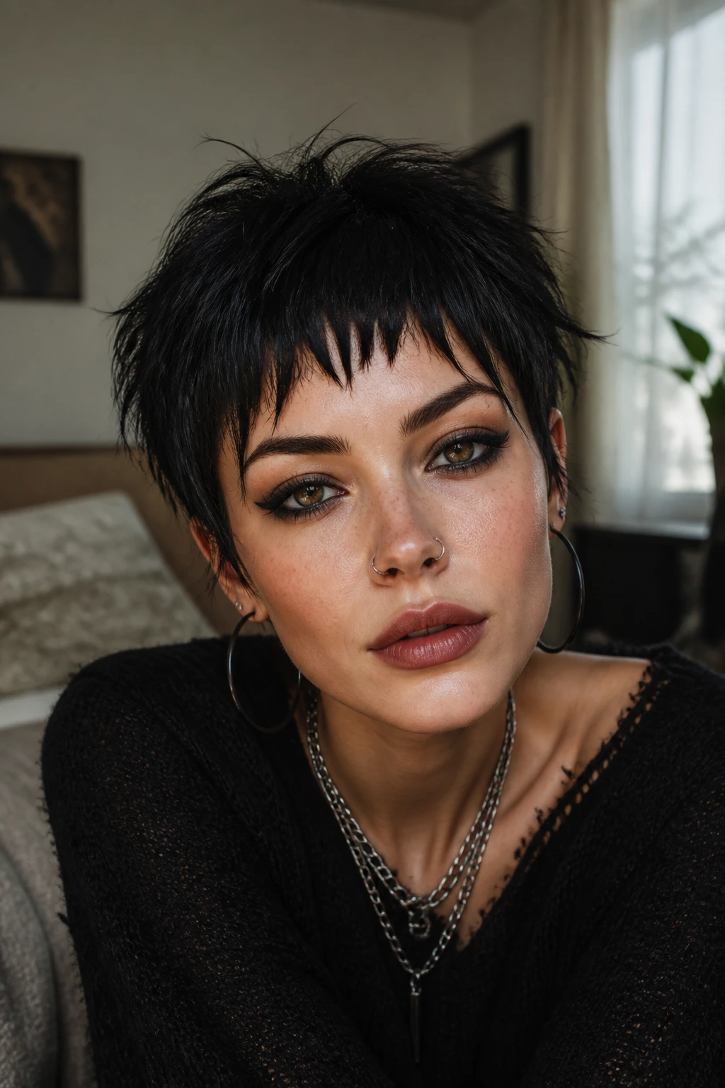 Close-up portrait of a real person with razor-shattered pixie bangs