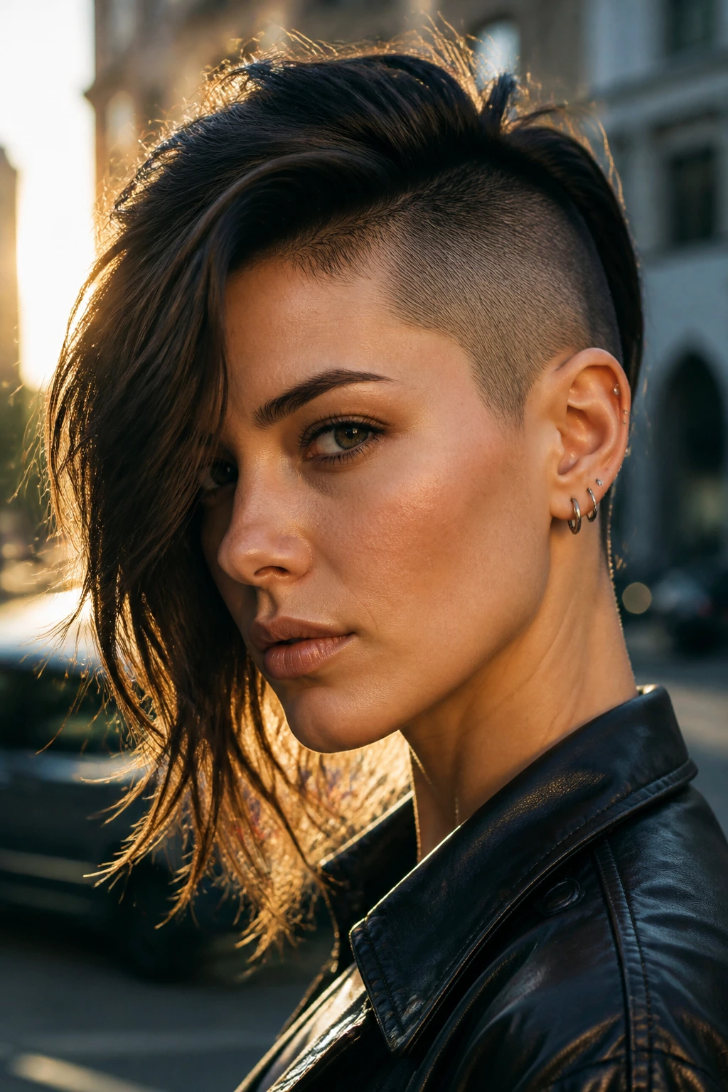 Close-up portrait of a real woman with a razor-shaved side sweep in an urban golden hour setting