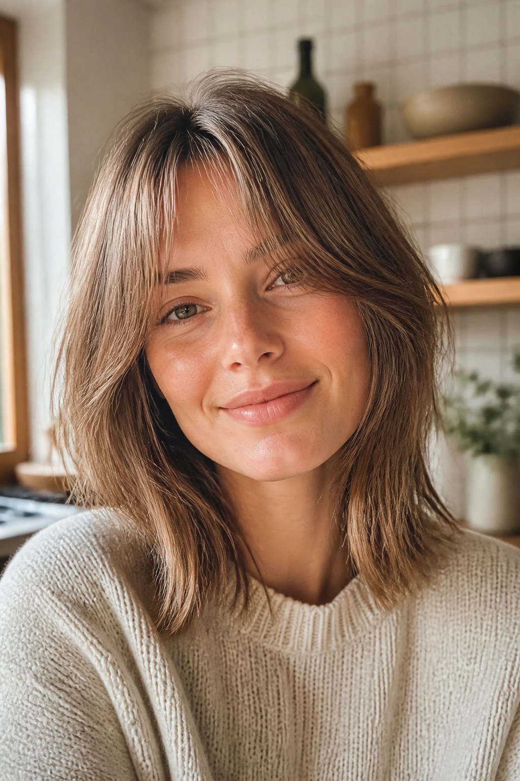 Portrait of woman with razor-sliced curtain bangs