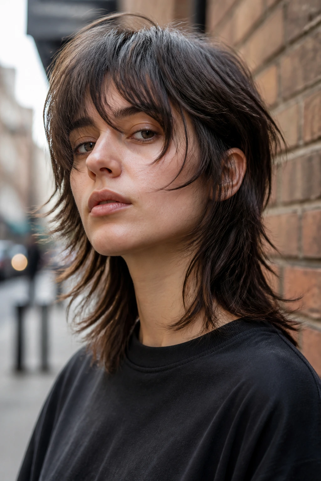 Portrait of real person with razor-sliced airy shoulder-length mullet