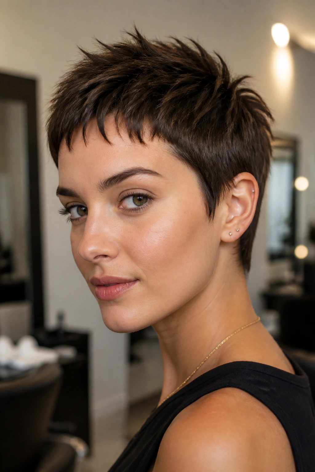 Close-up of razor-sliced micro pixie showing uneven top lengths on a real person in a salon