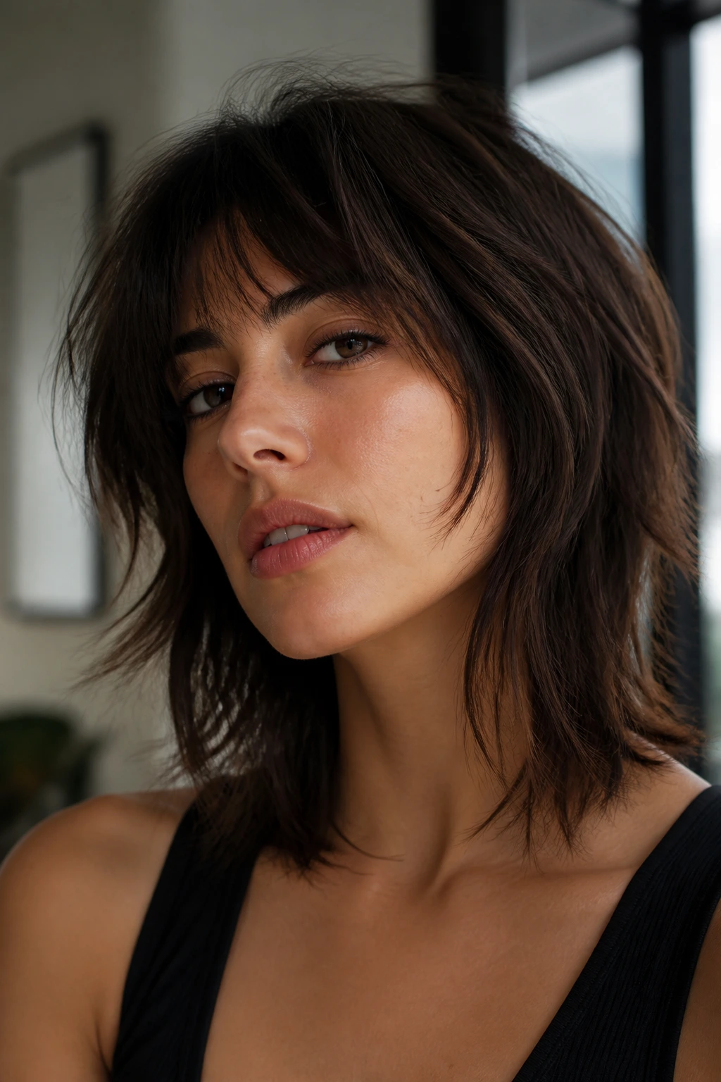 Close-up portrait of a real person with razor sliced wolf cut showing textured ends