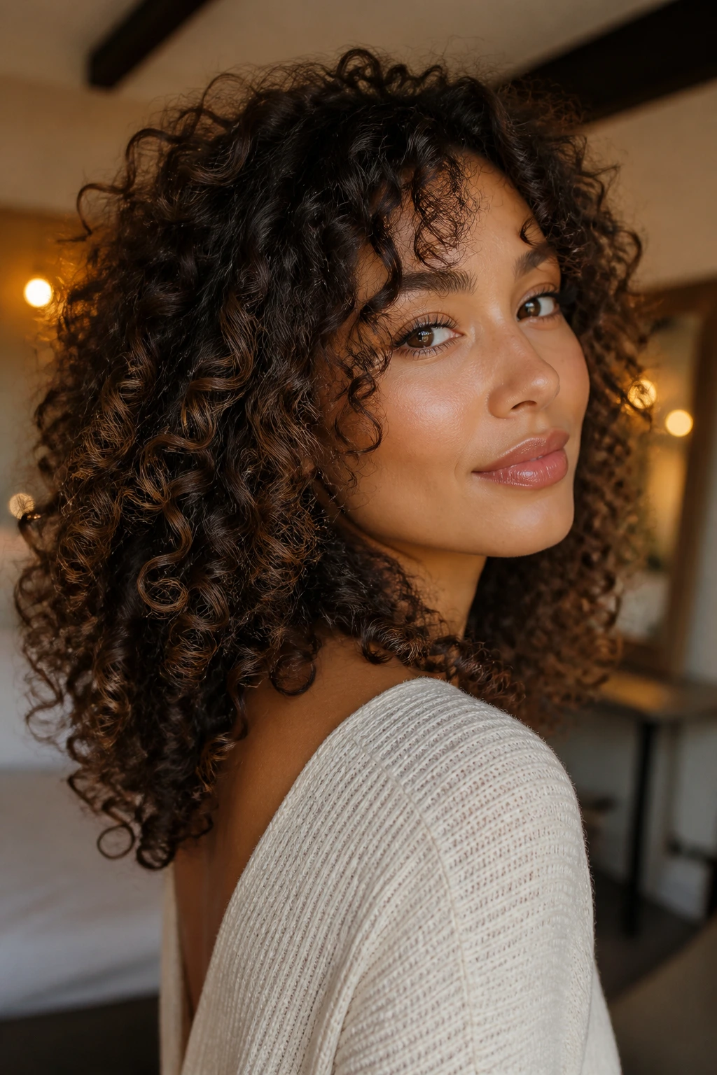 Close-up portrait of a real person with razor-soft layers on 3B curls
