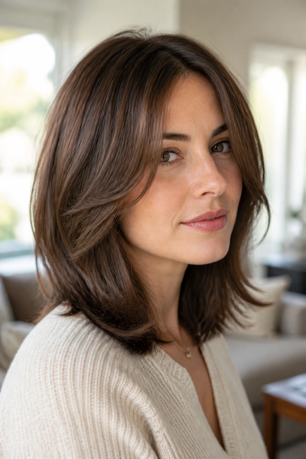 Portrait of a real woman with razor-soft butterfly layers hairstyle