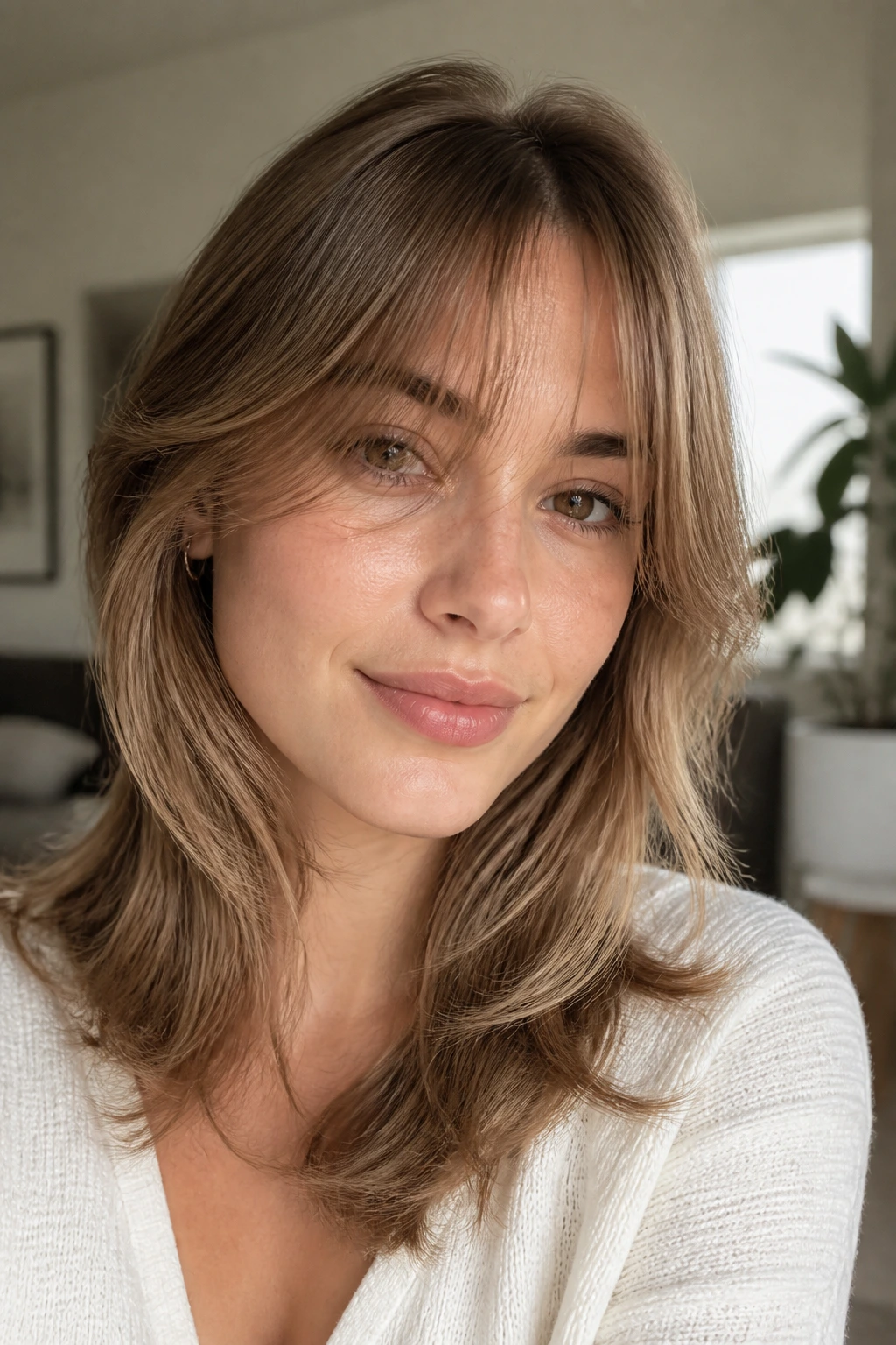 Close-up portrait of a real woman with razor-soft curtain bangs and feathered edges