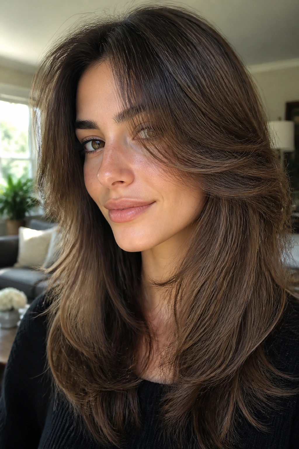 Close-up of a real woman with razor-soft butterfly edges.