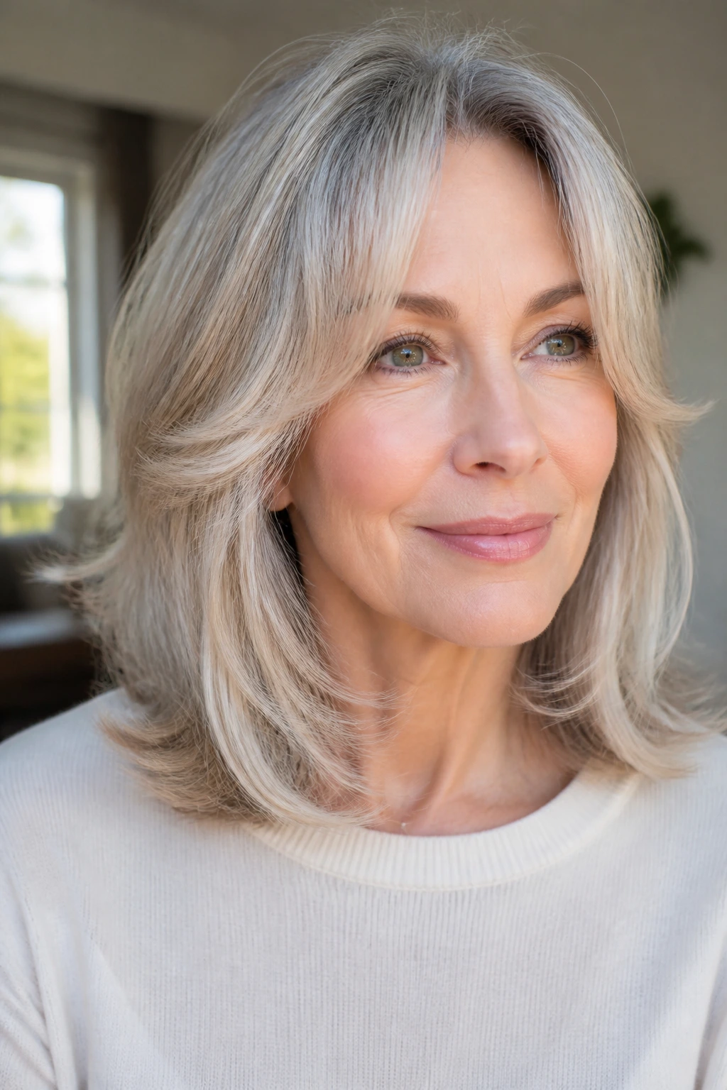 Real woman with razor-soft ends for a light swingy finish in natural light