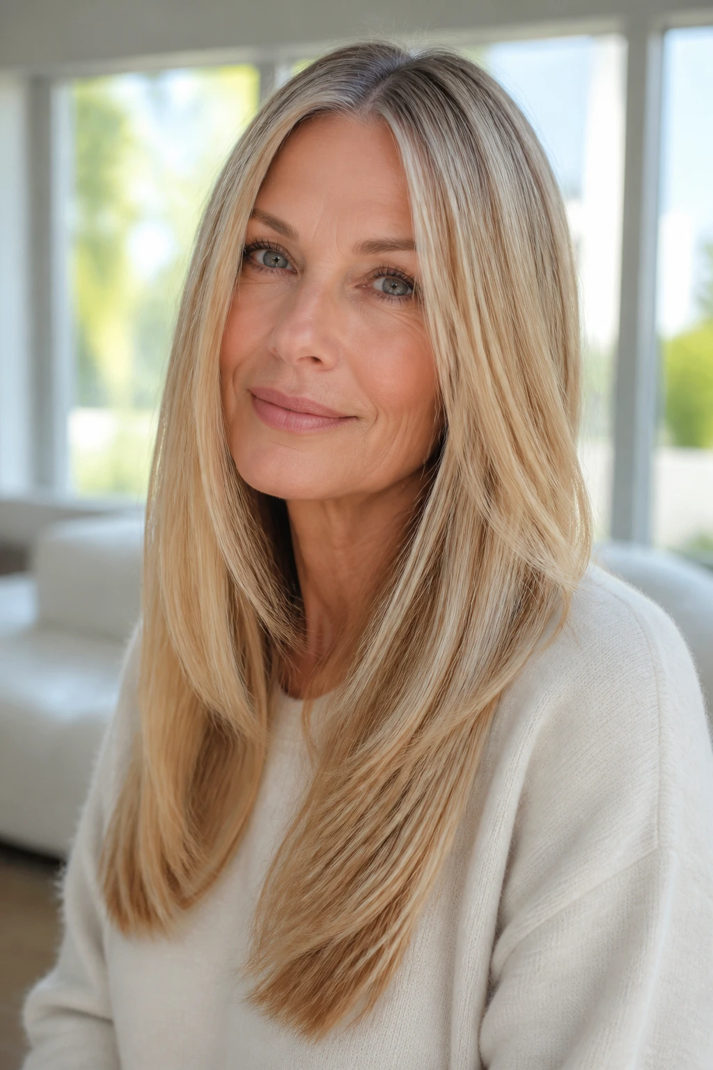Real woman with razor-soft feathered ends on long straight hair