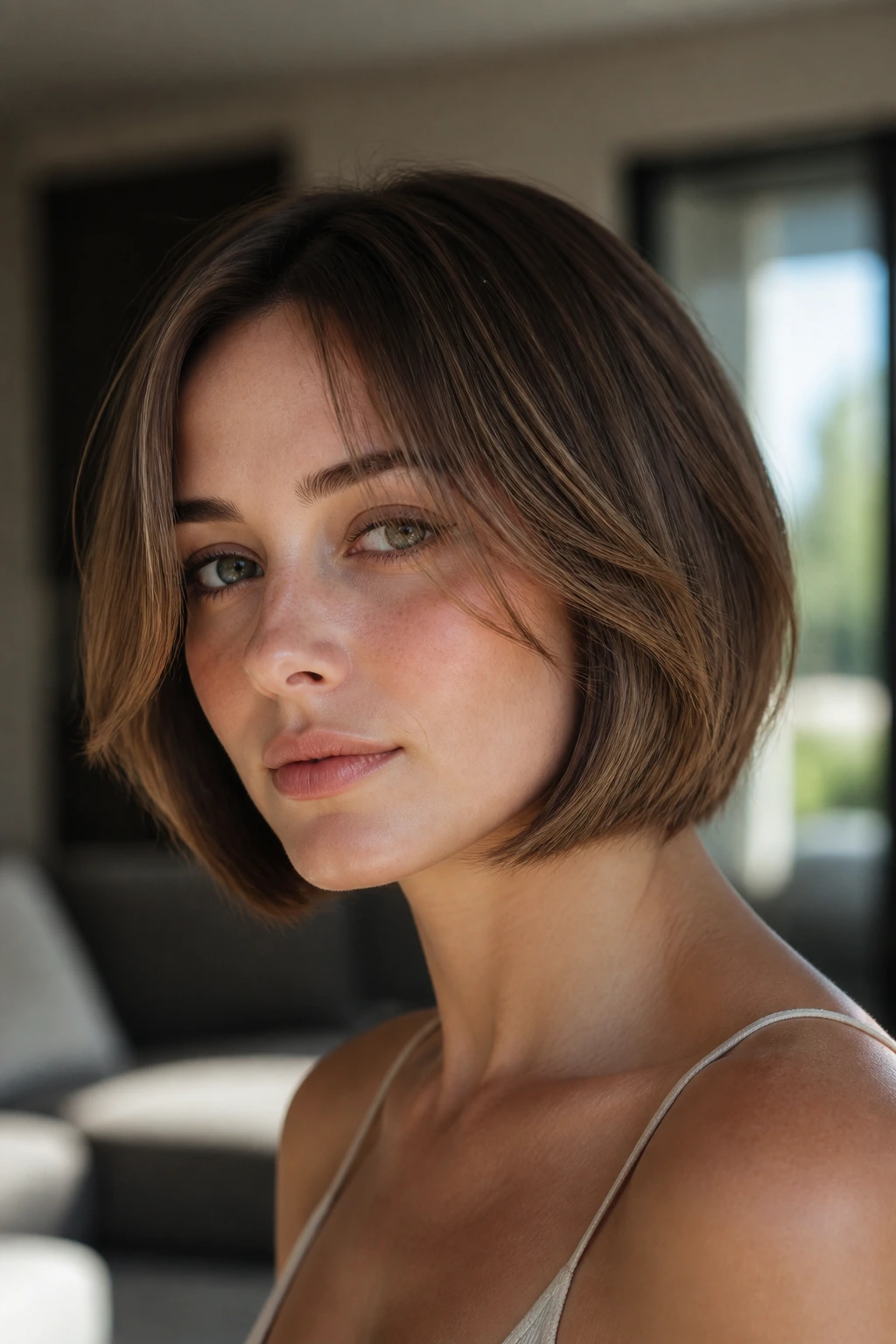 Close-up of a woman with a razor-soft feathered bob