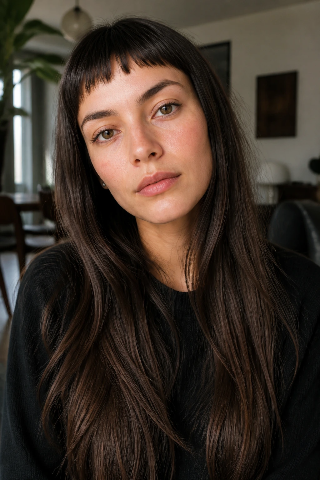 Portrait of a woman with razor-soft micro fringe and long hair