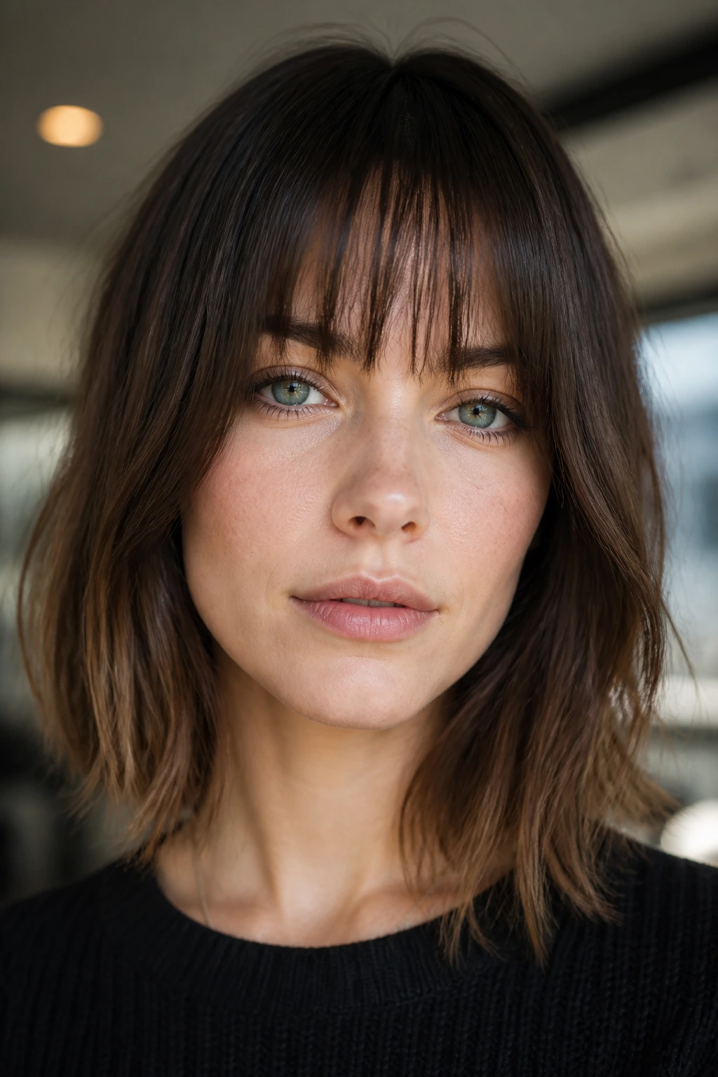 Close-up portrait of a real woman with razor-soft fringe