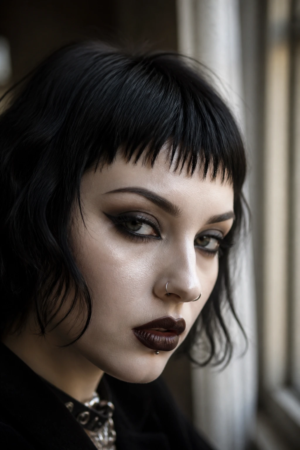 Close-up portrait of a real person with razor-soft micro fringe above the brows.
