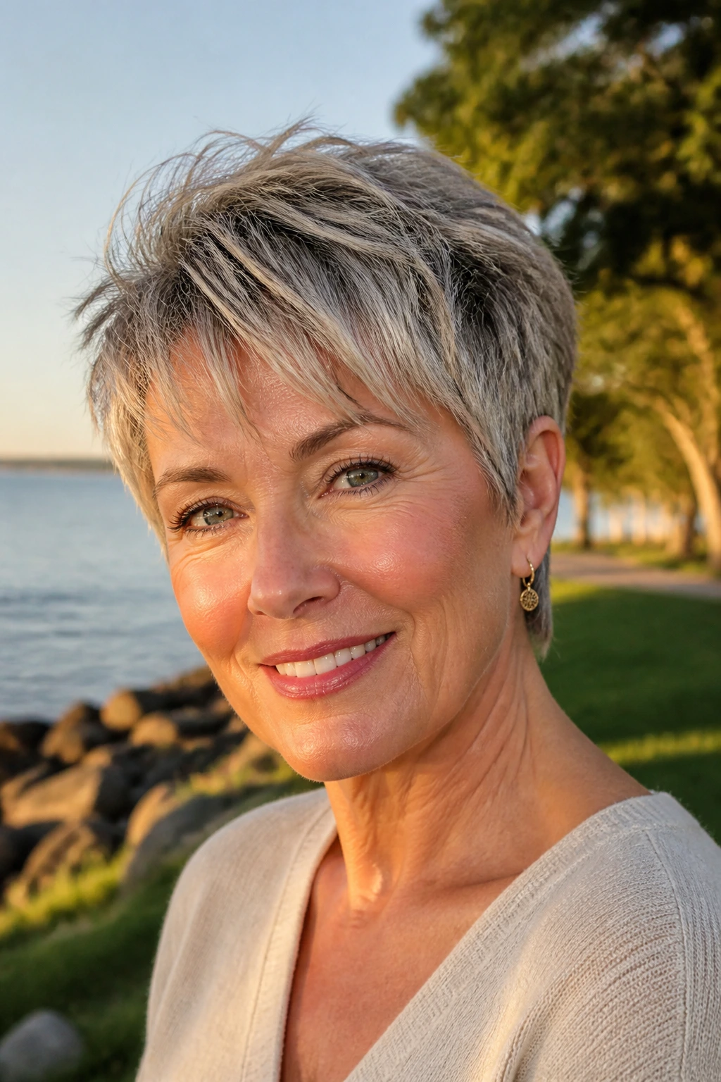 Real woman with razor-soft layered pixie in golden hour park light