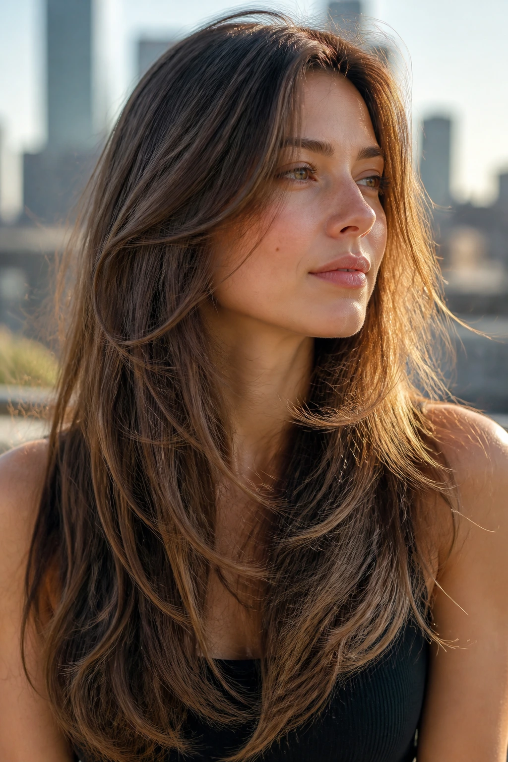 Real woman with razor-soft layers and feathered ends in natural light