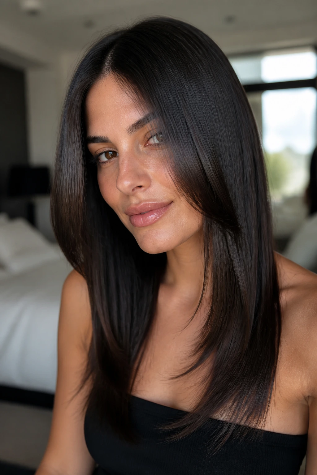 Close-up of a real woman with razor-soft face-framing layers on sleek hair, lit by warm window light