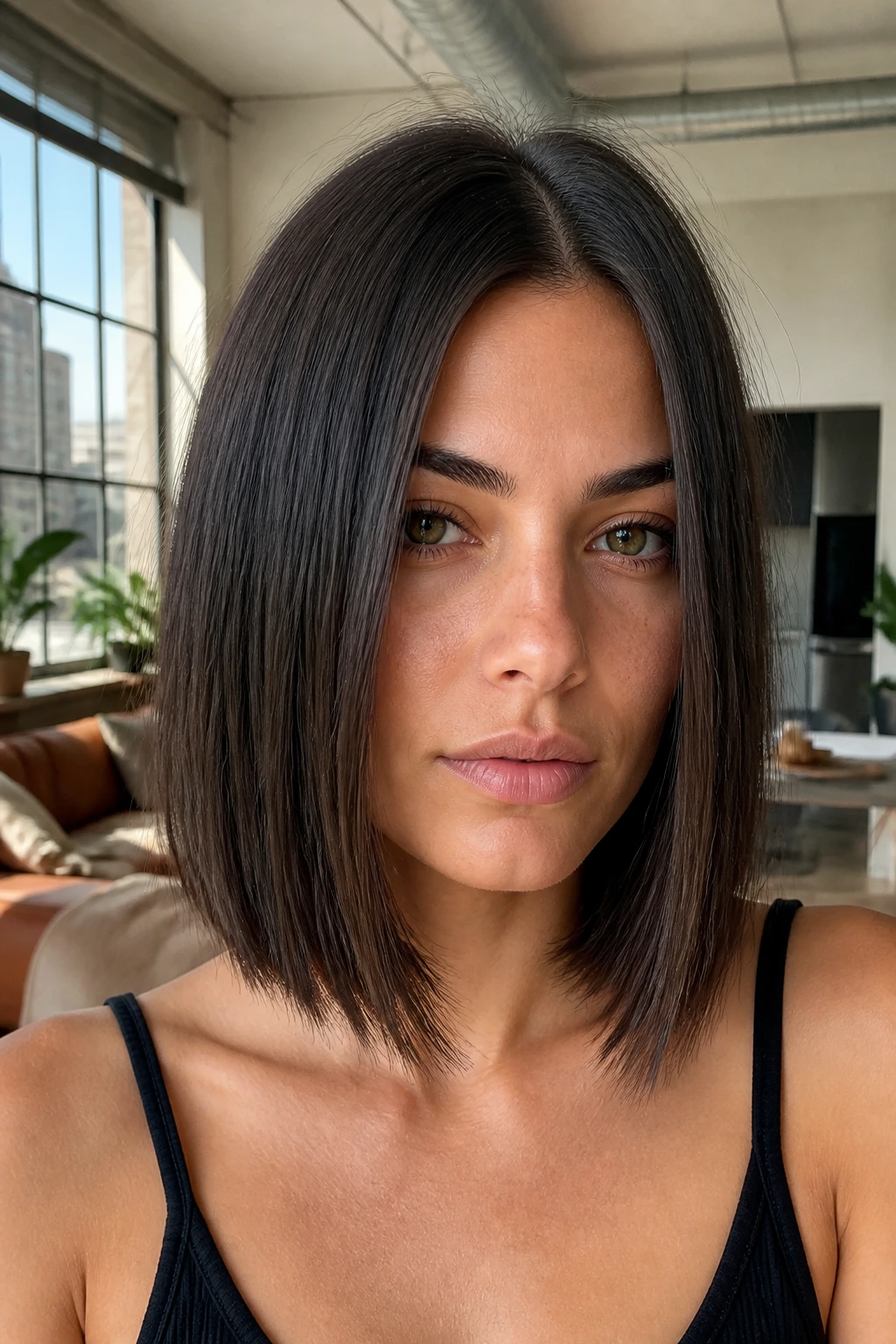 Close-up portrait of a real woman with a razor-soft lob and soft ends in natural window light
