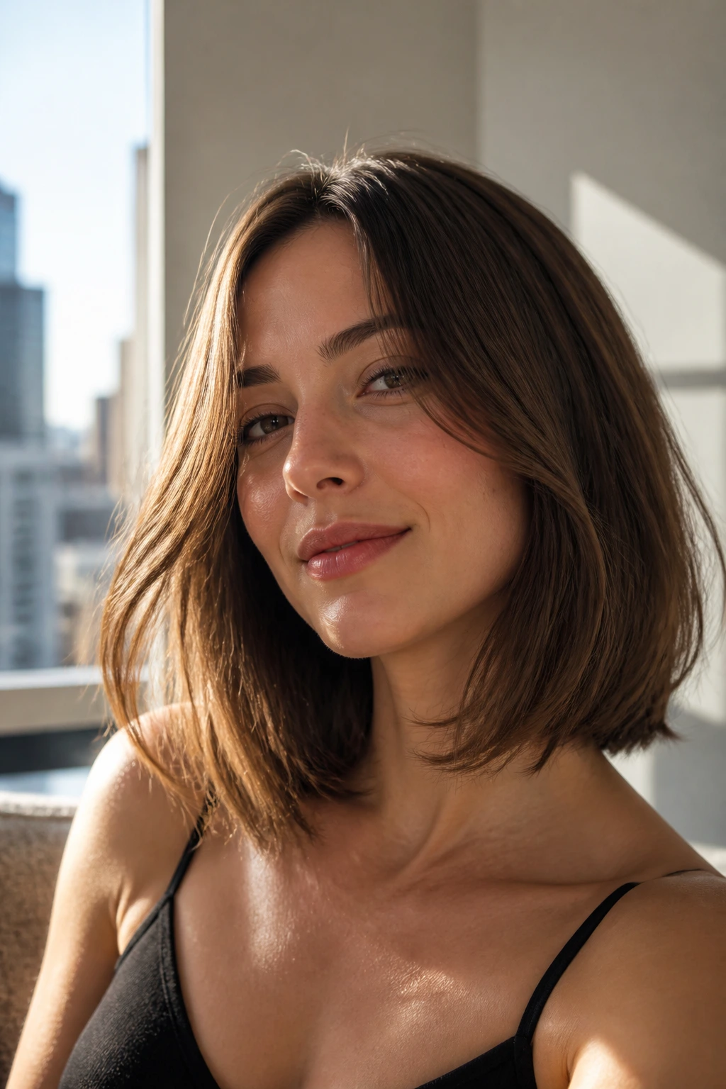 Portrait of a real woman with razor-soft lob and airy ends in natural light.