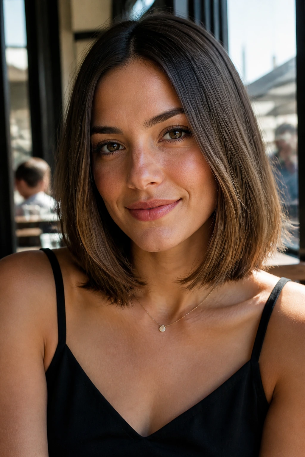 Close-up portrait of a real person with a razor-soft lob and subtle texture