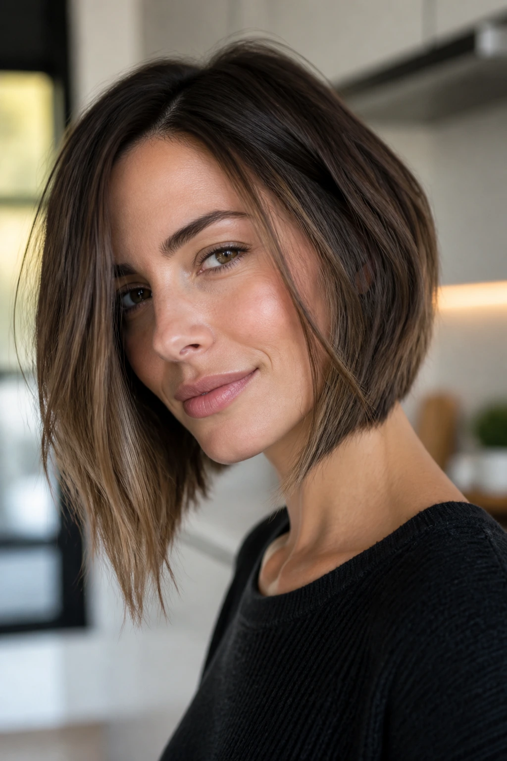 Portrait of a real woman with a razor-soft long bob showing textured ends.