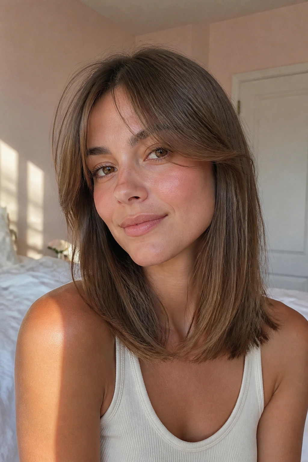 Close-up portrait of a real woman with Razor-Soft Midi Cut with Airy, Lightweight Ends and curtain bangs in a sunlit bedroom
