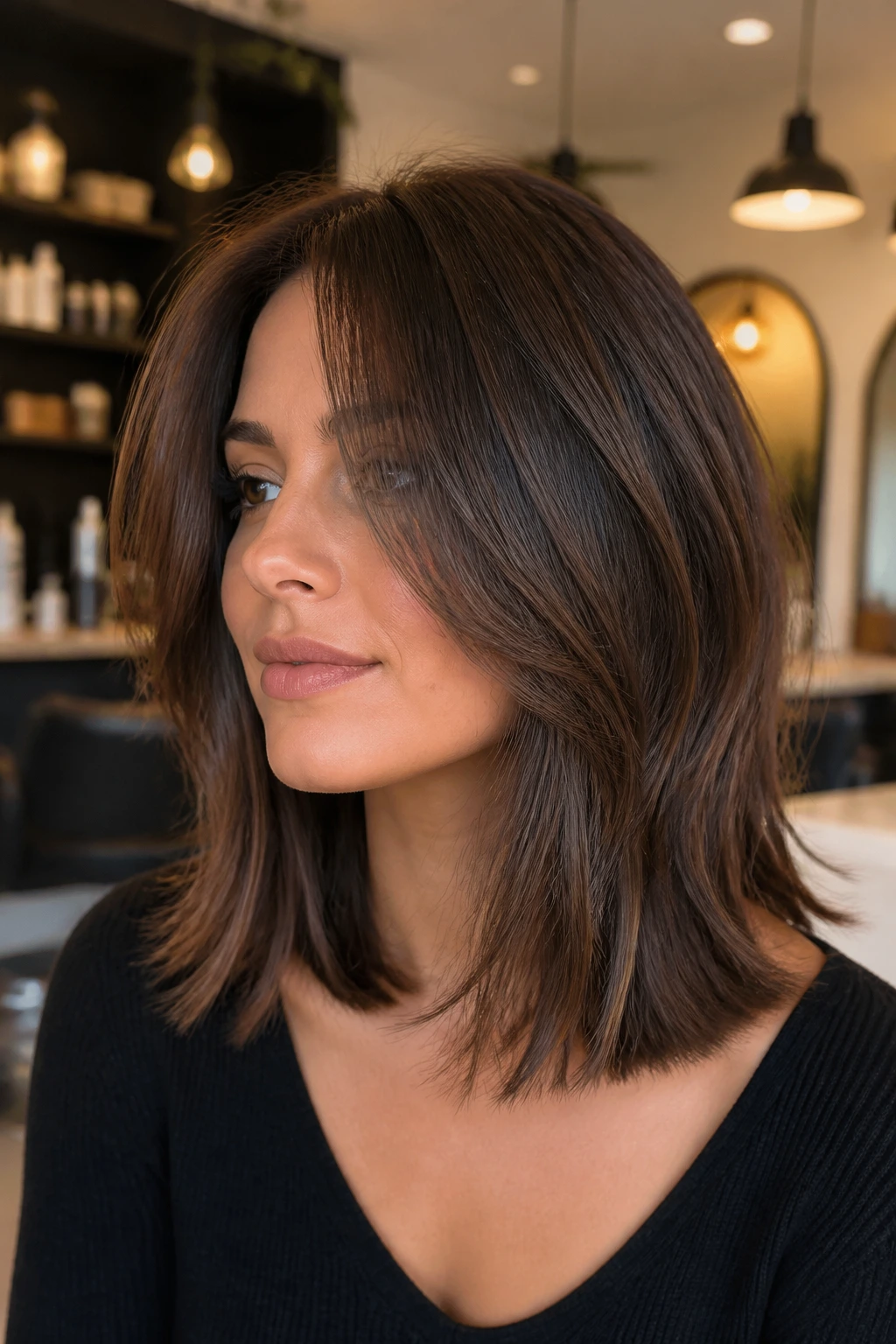 Close-up of a real woman with a razor-soft mid-length haircut