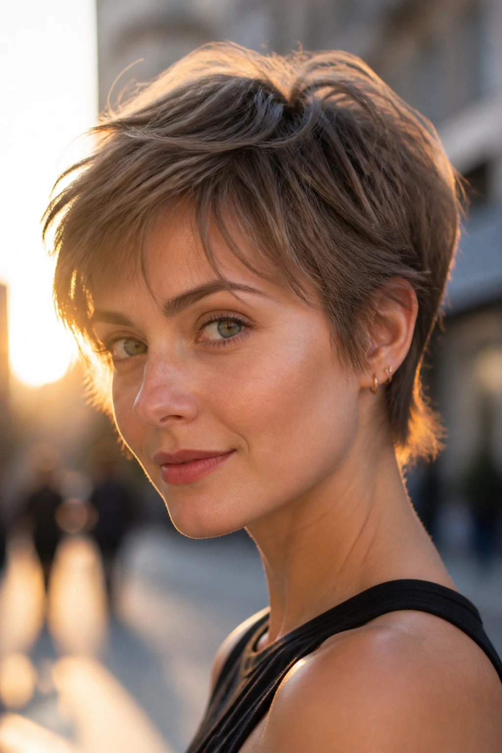 Portrait of a woman with a razor-soft pixie and wispy ends in golden-hour outdoor setting.