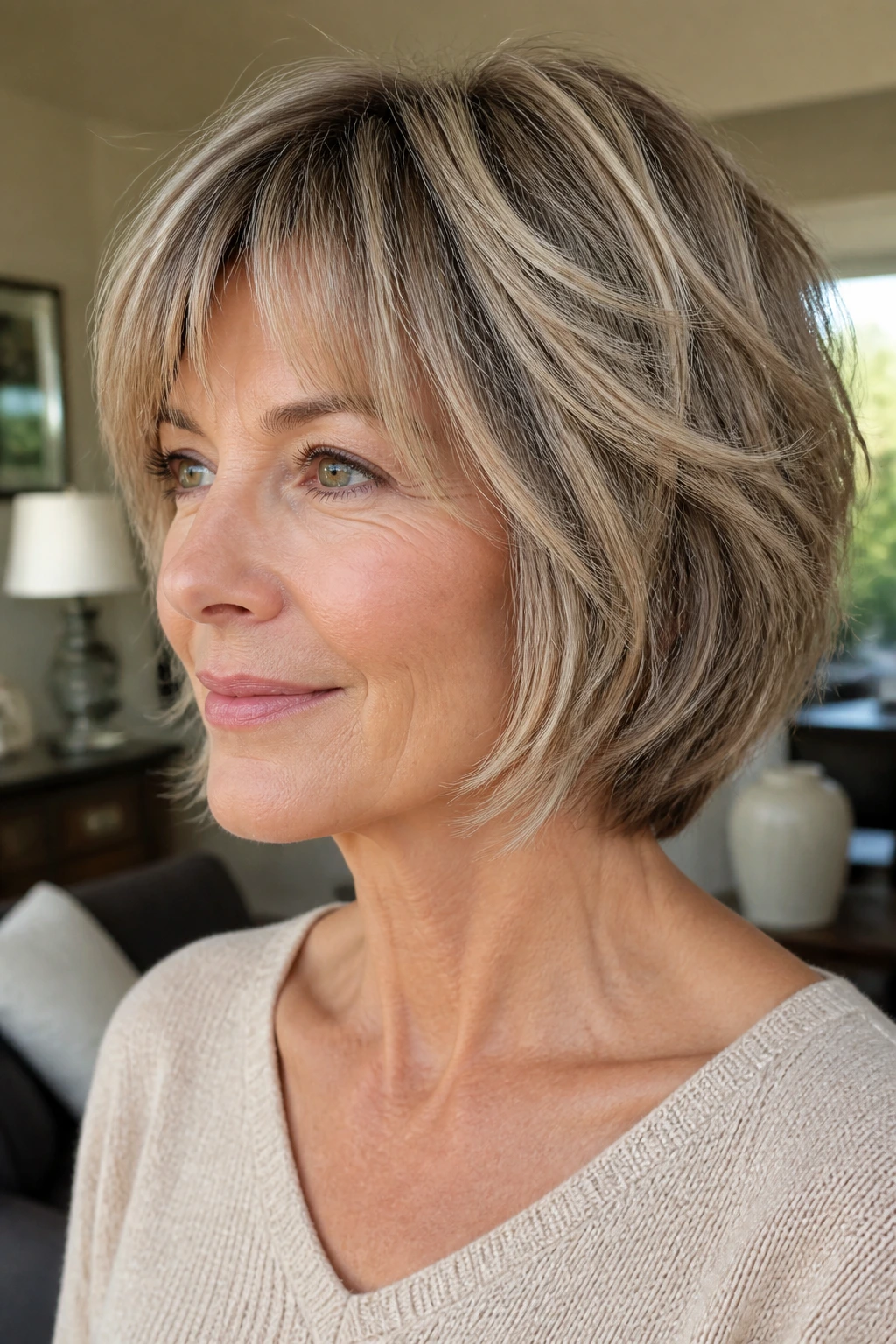 Close-up of a real woman with a razor-soft shag bob showing movement in a cozy room
