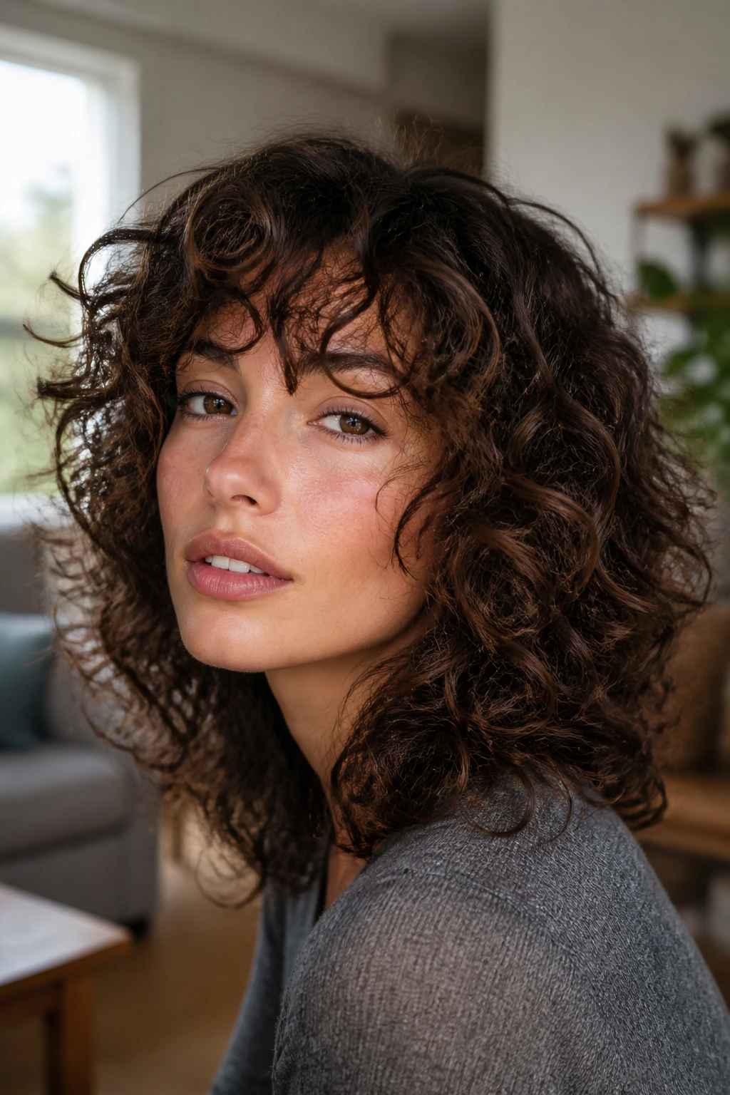 Close-up of real person with razor-soft shag showing soft feathered edges on dense curls