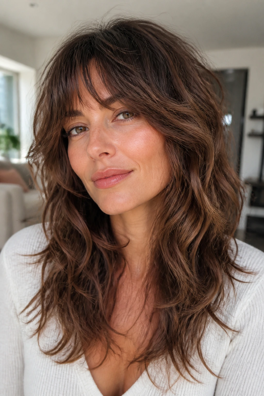 Real woman with razor-soft shag and long layers close-up portrait