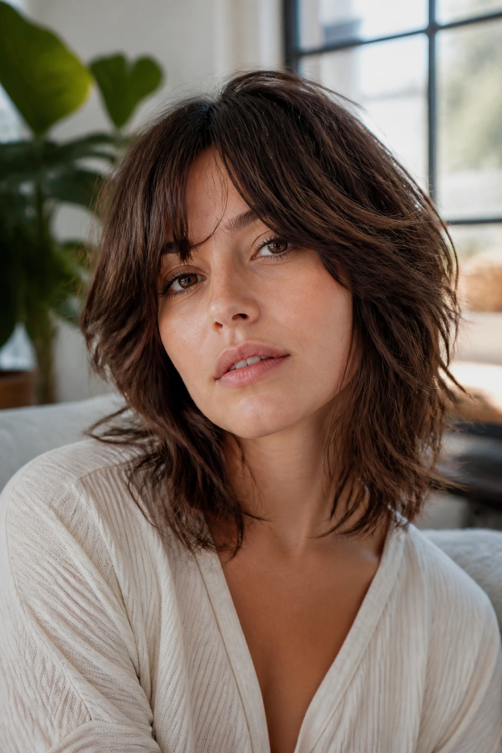 Close-up of a real person with razor-soft shag texture around jawline