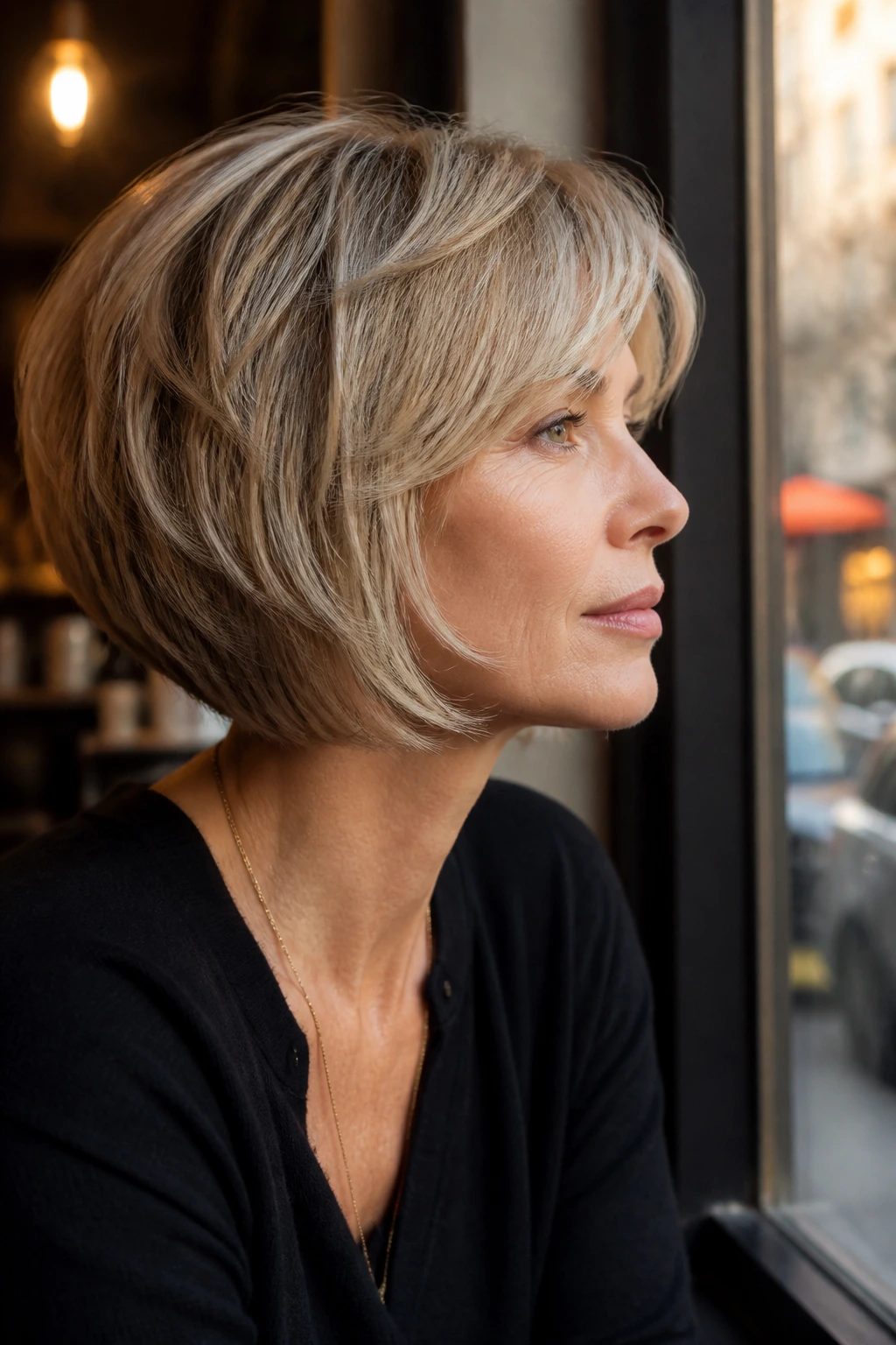 Close-up portrait of a real woman with razor-soft stacked bob in cafe window light
